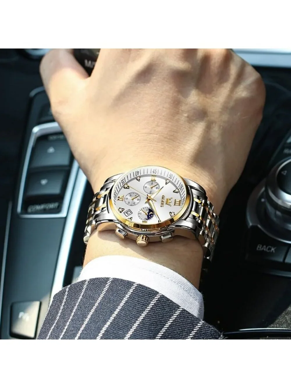 Men's Silver Analog Quartz Stainless Waterproof Diamond Luminous Classic Watch